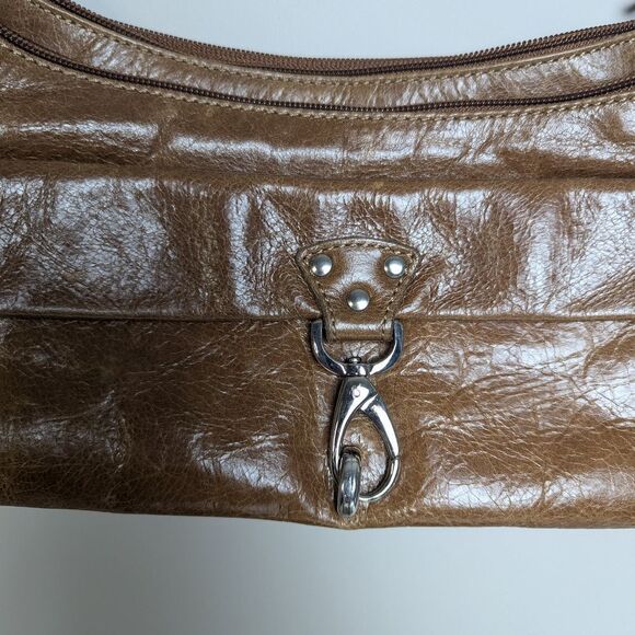 90s Leather Shoulder Bag, Shiny Light Brown Tan, The Trend Italy, Multiple Zippe - Picture 6 of 12